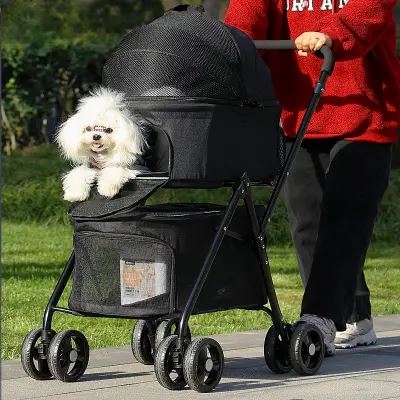 chien dans sa poussette avec femme