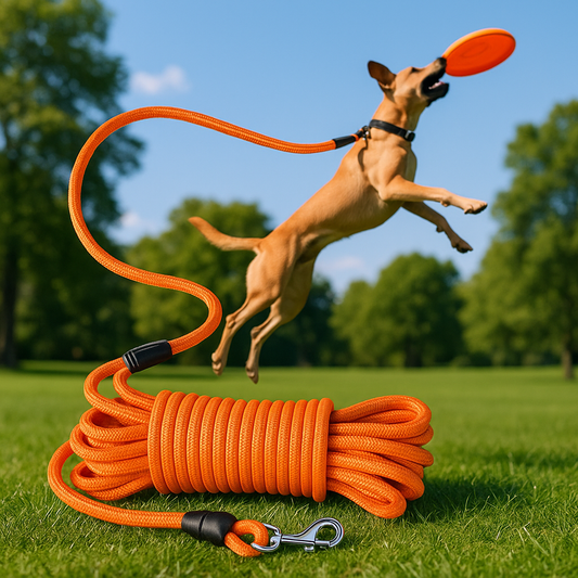 chien porte longe saute pour frisbee