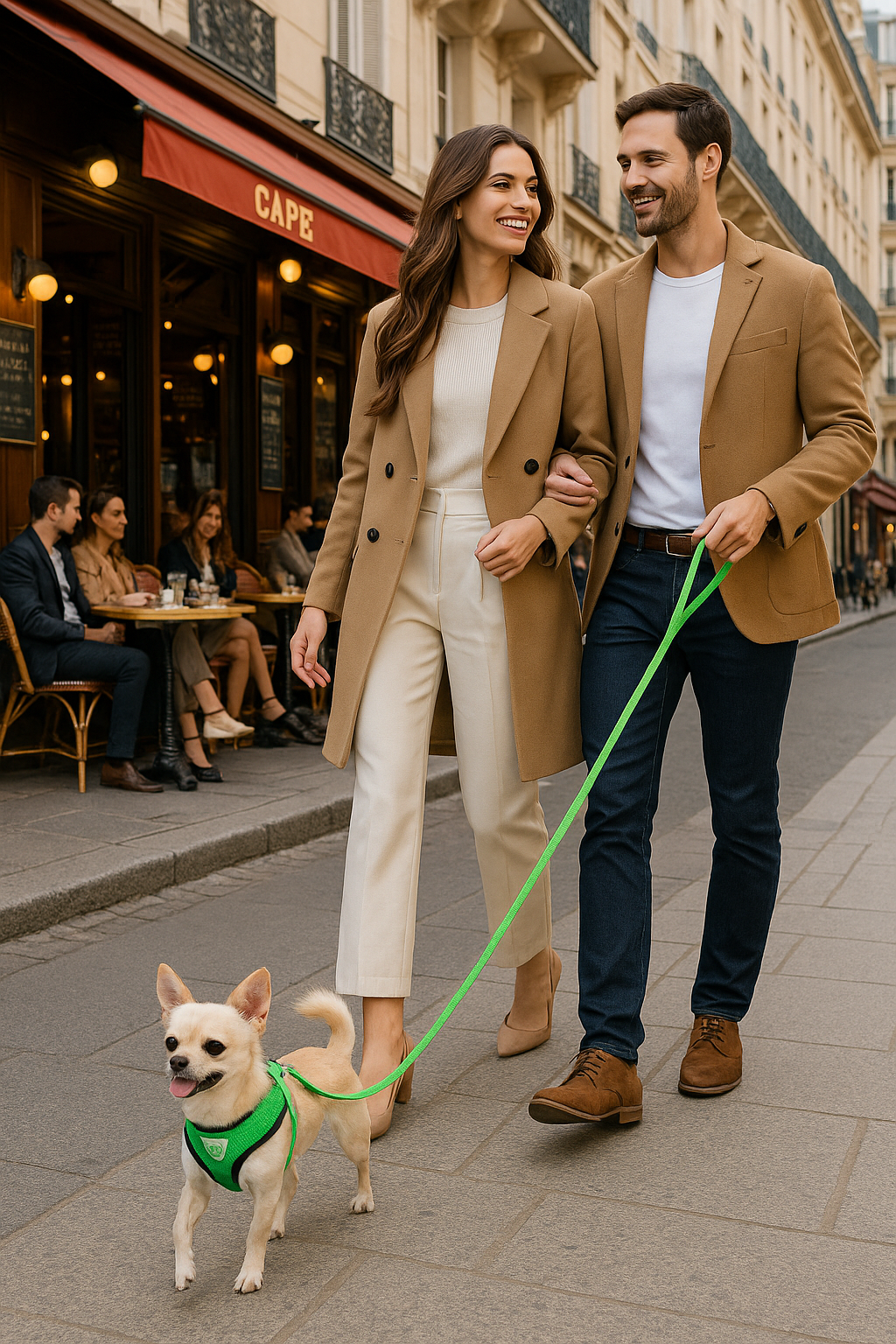 couple balade petit chien harnais