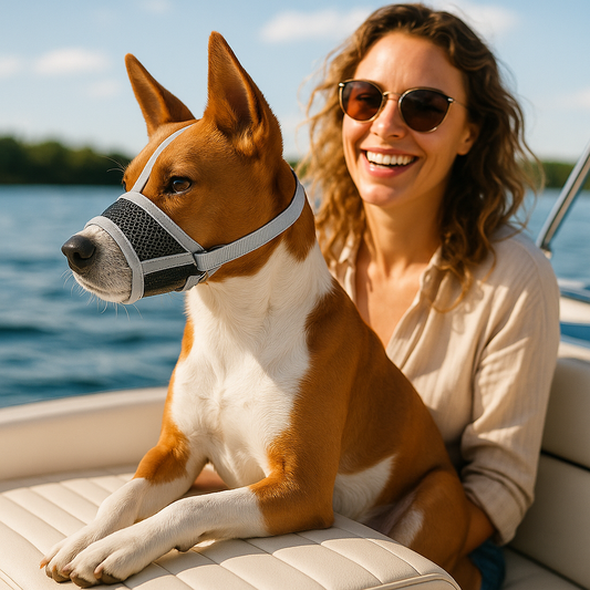 femme chien museliere voyage