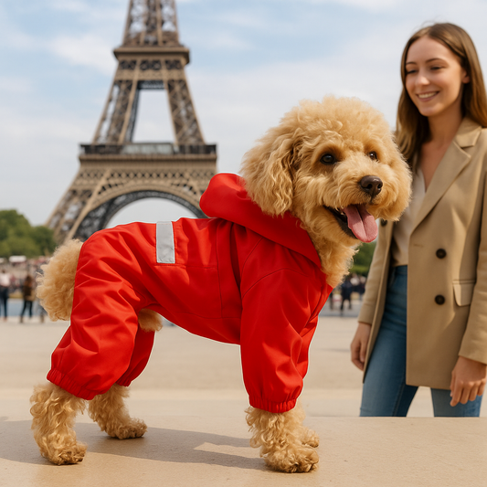 femme chien tour eiffel manteau impermeable