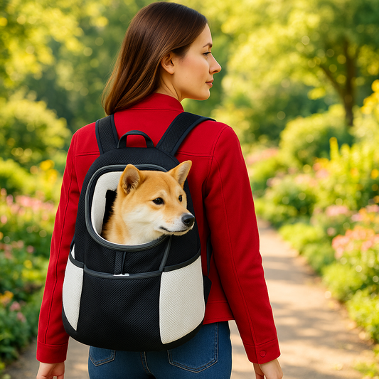 femme porte sac a dos avec son chien balade