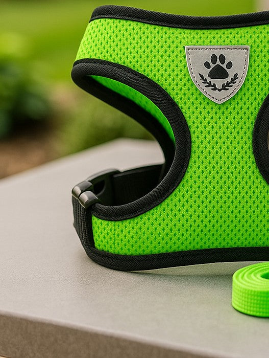 Harnais Réglable pour Petit Chien et Chat - Vert : Gilet Doux, Respirant et Réfléchissant avec Laisse Assortie