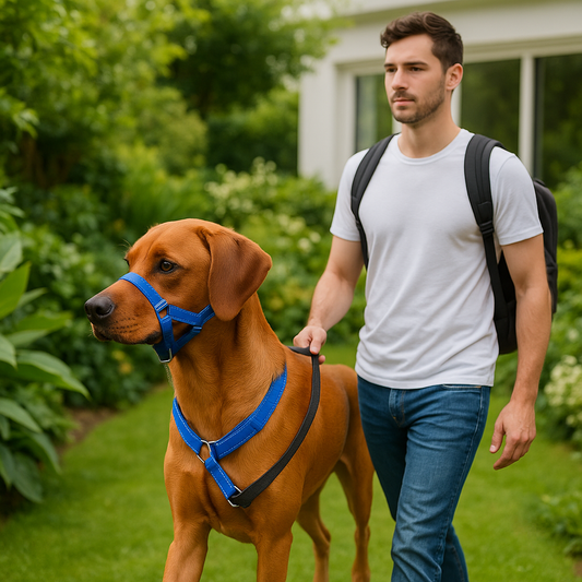 homme balade son chien museliere