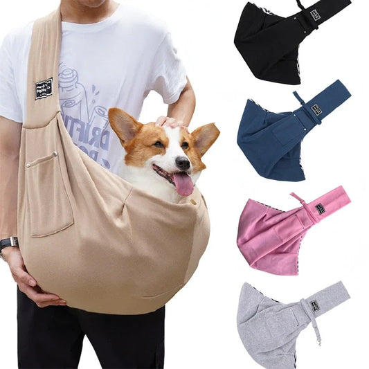 homme porte sac a bandouliere chien