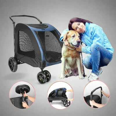 poussette grande espace femme caresse son chien